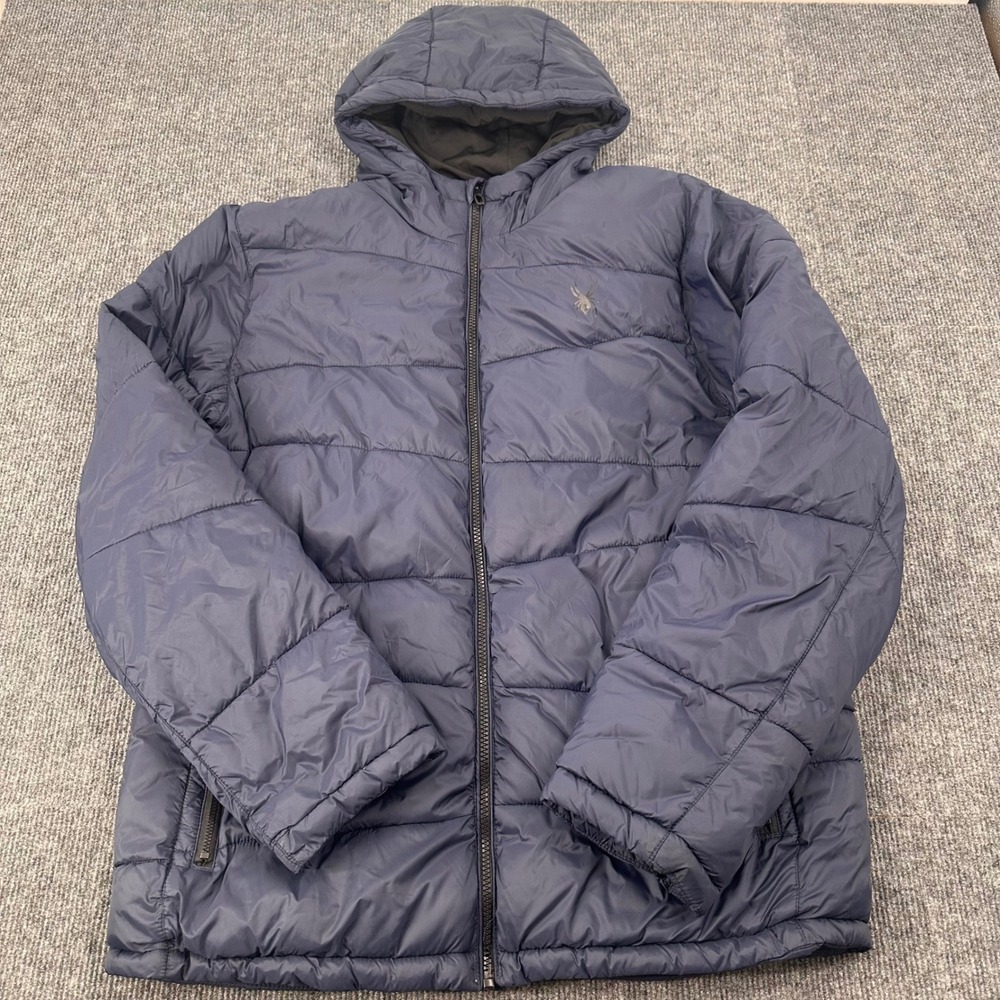 Spyder Puffer Jacket Mens Medium Hooded Quilted Navy Blue Winter Lightweight